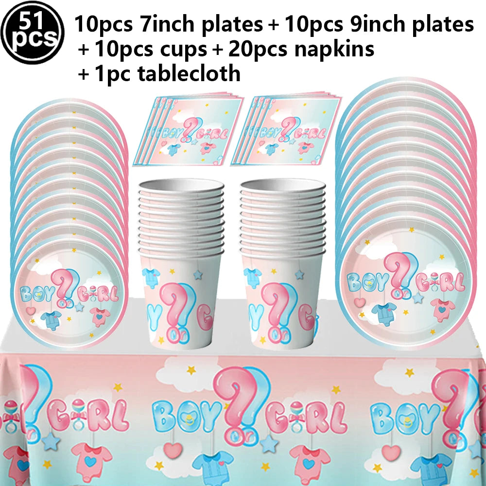 Gender Reveal Party Supplies – Boy or Girl Decorations & Tableware Set | Confetti, Balloons, Tablecloth, Plates, Cups, Napkins & More