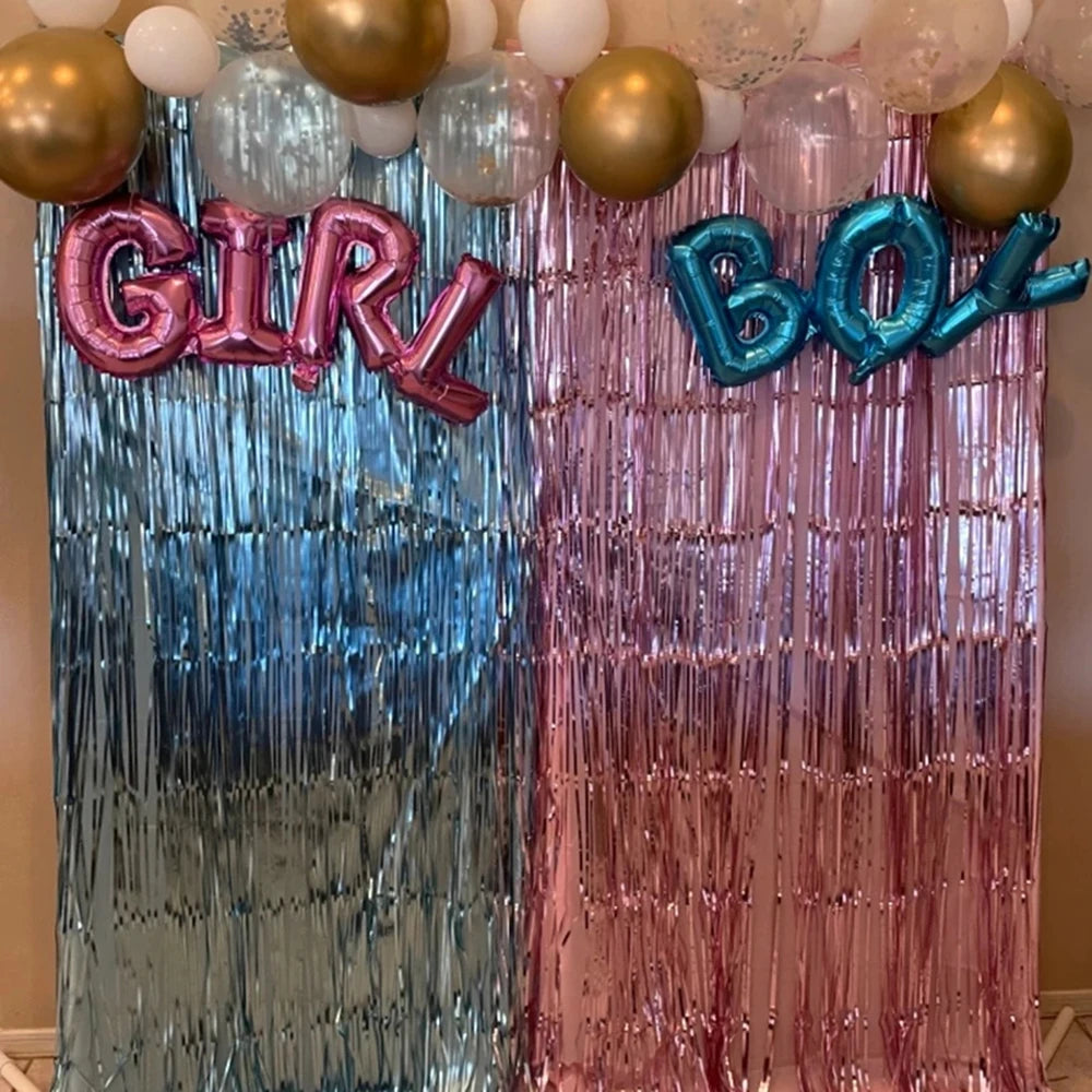 4PCS Gender Reveal DecorationBlue & Pink Fringe Curtains with Boy or Girl Foil Balloons for Baby Shower