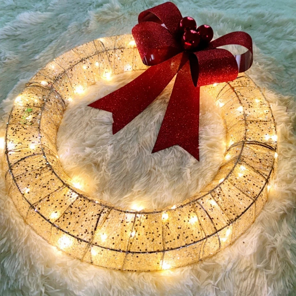 LED Christmas Door Wreath – Light-Up Holiday Garland with Red Bow for Festive Home Décor