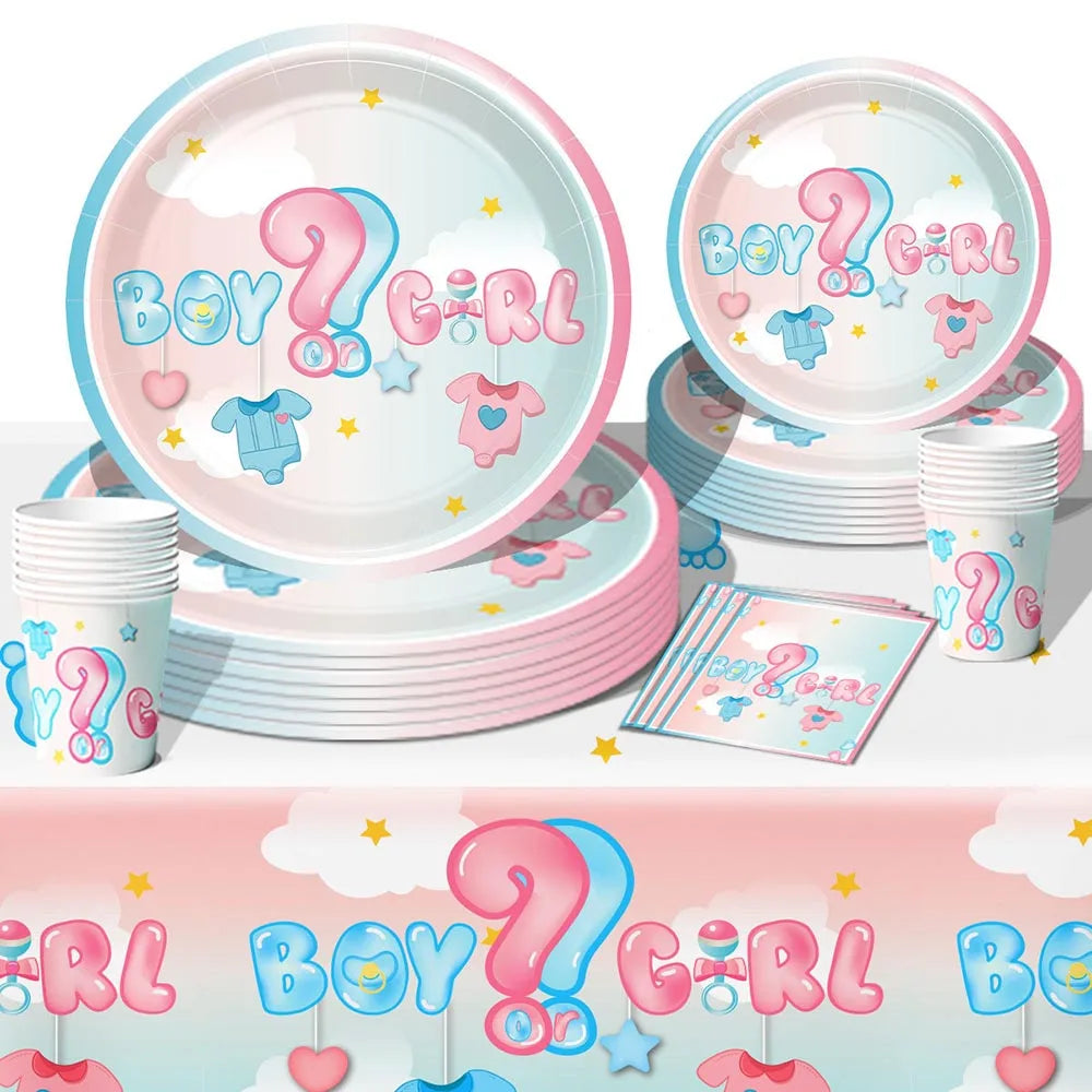 Gender Reveal Party Supplies – Boy or Girl Decorations & Tableware Set | Confetti, Balloons, Tablecloth, Plates, Cups, Napkins & More