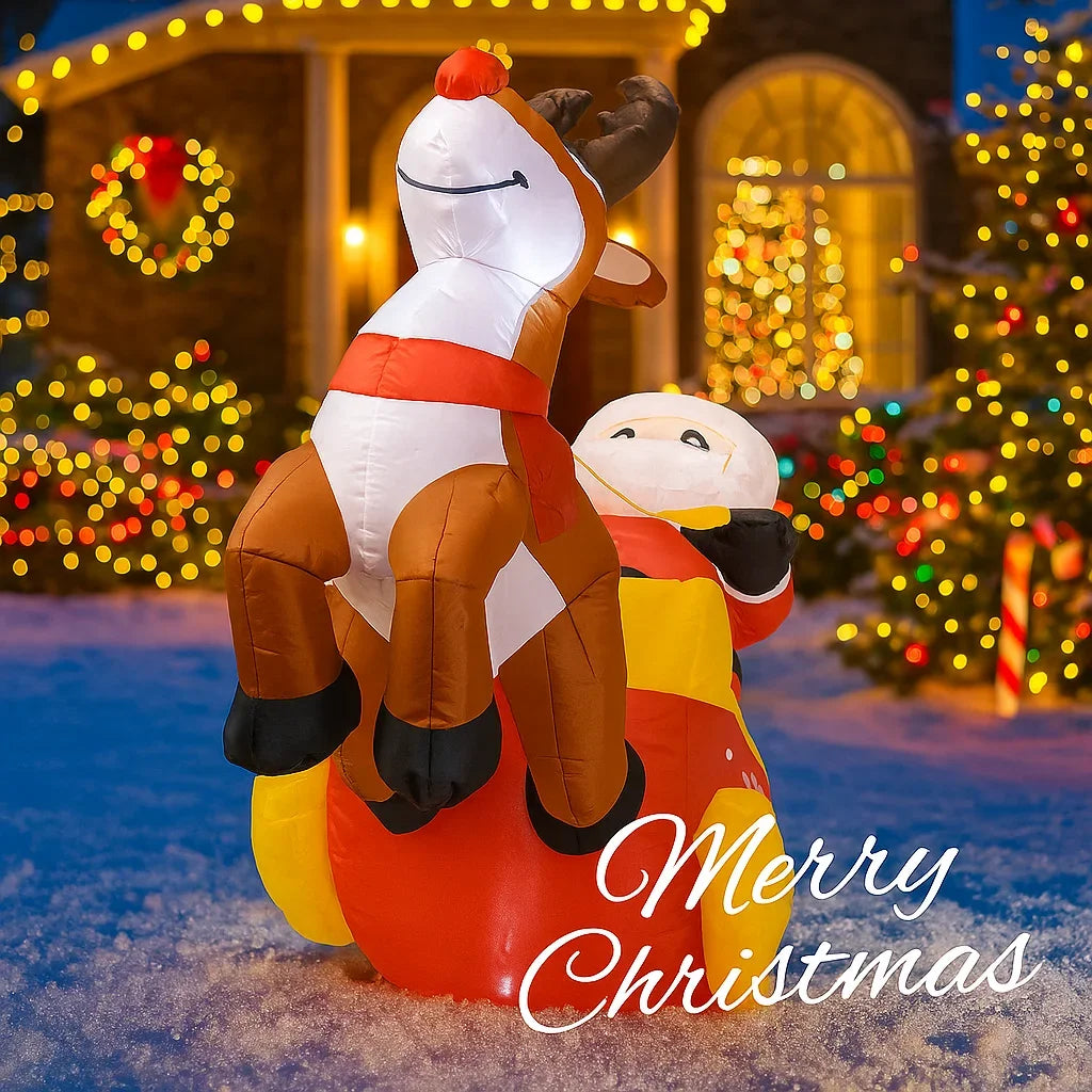 150cm (4.92FT) Inflatable Santa Claus with Reindeer & Sleigh – LED Light-Up Christmas Decoration for Home & Garden