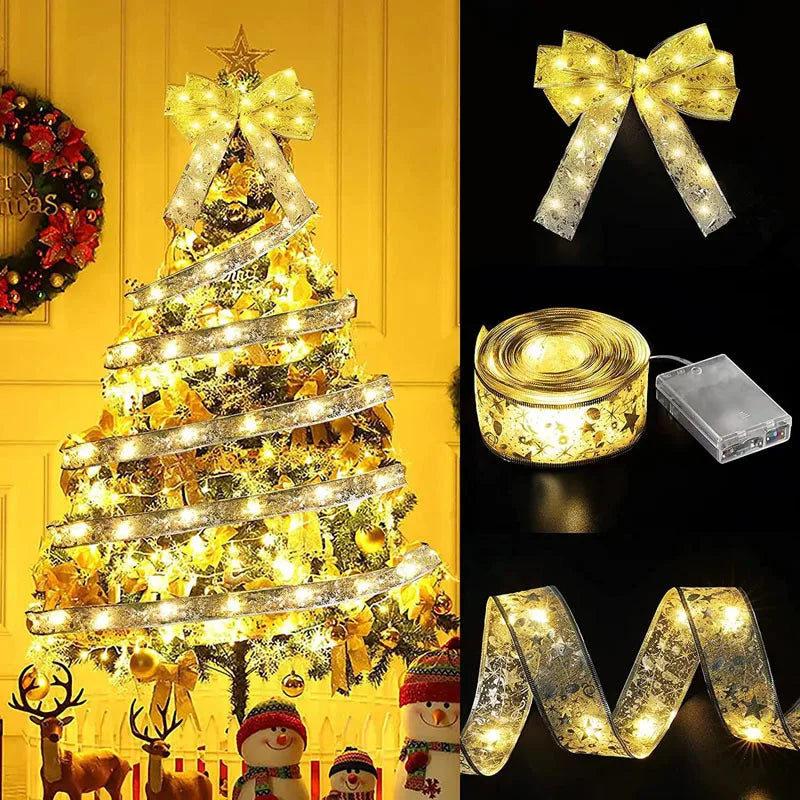 Battery-Operated Christmas Ribbon String Lights – Indoor LED Decoration for Tree