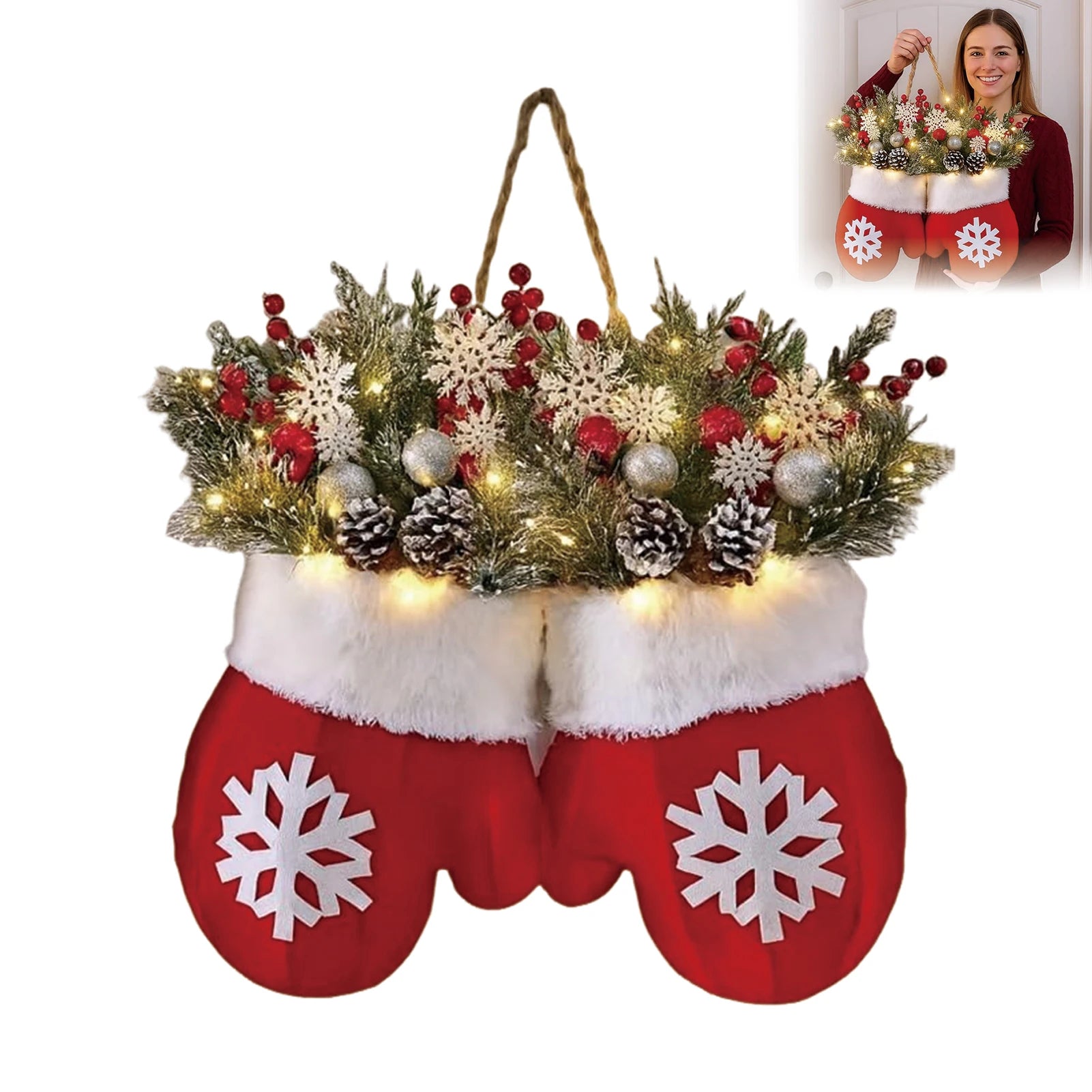 Christmas Mitten Door Wreath – with or without LED Lights