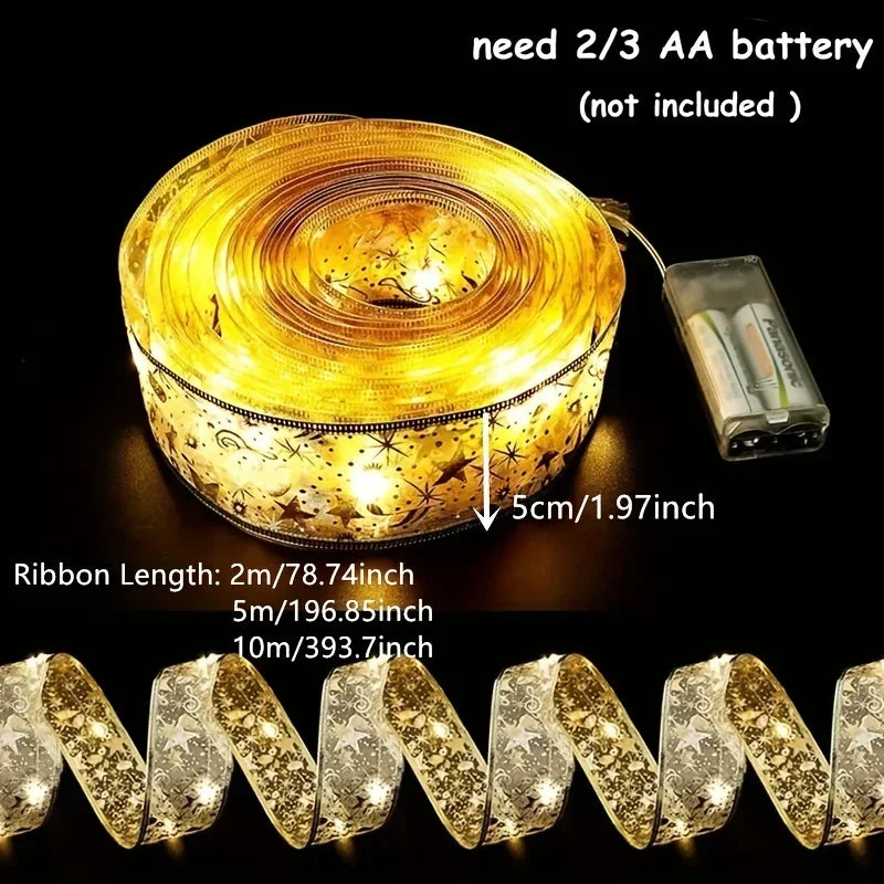 Battery-Operated Christmas Ribbon String Lights – Indoor LED Decoration for Tree