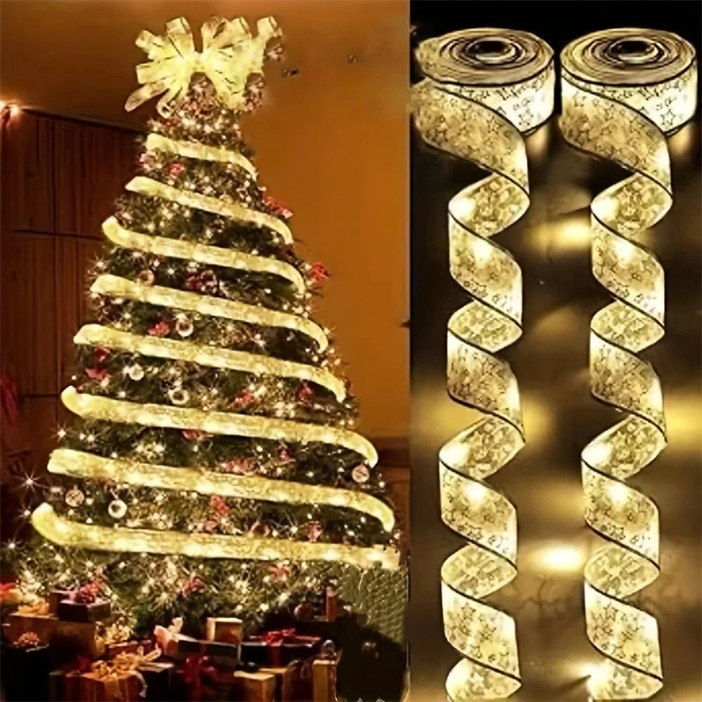 Battery-Operated Christmas Ribbon String Lights – Indoor LED Decoration for Tree