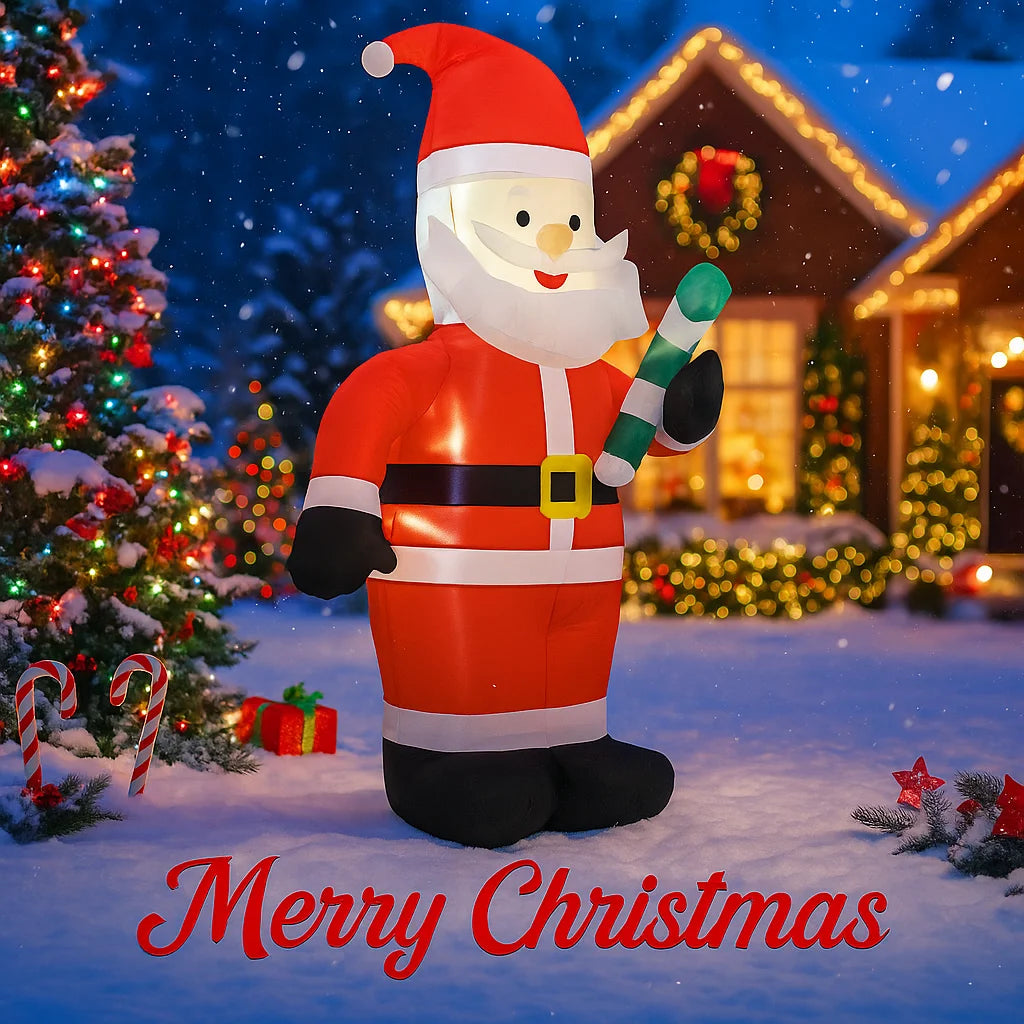 3.93FT Inflatable Santa Claus with Candy Cane & LED Lights – Festive Christmas Yard Decoration