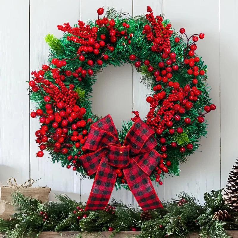 Christmas Door Wreath – Red Berry & Pine Garland with Festive Bow for Holiday Decoration
