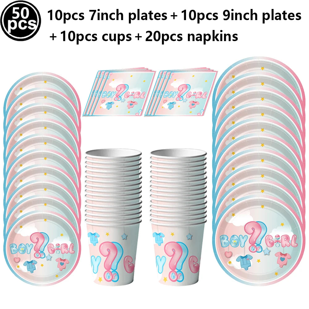 Gender Reveal Party Supplies – Boy or Girl Decorations & Tableware Set | Confetti, Balloons, Tablecloth, Plates, Cups, Napkins & More