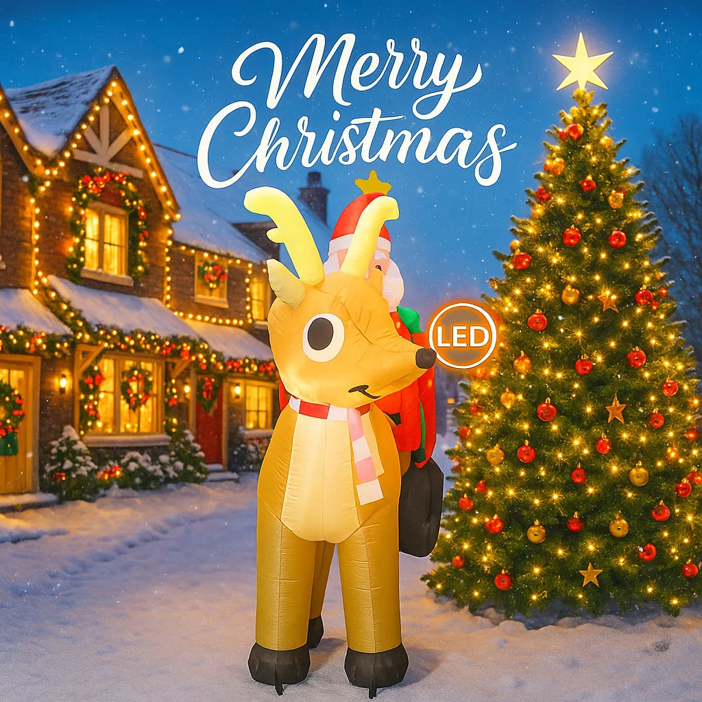 240cm (7.87FT) Giant Inflatable Santa Claus with Sleigh & Reindeer – LED Light-Up Christmas Yard Decoration