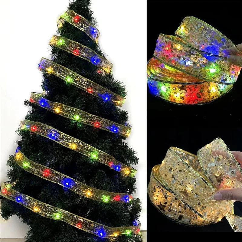 Battery-Operated Christmas Ribbon String Lights – Indoor LED Decoration for Tree