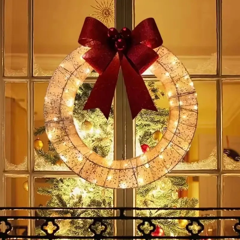 LED Christmas Door Wreath – Light-Up Holiday Garland with Red Bow for Festive Home Décor