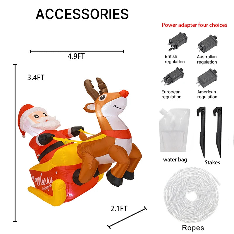 150cm (4.92FT) Inflatable Santa Claus with Reindeer & Sleigh – LED Light-Up Christmas Decoration for Home & Garden