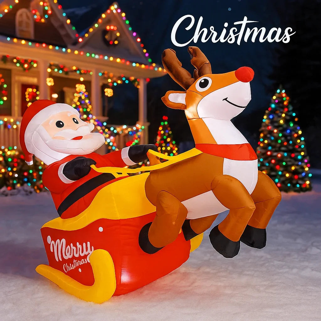 150cm (4.92FT) Inflatable Santa Claus with Reindeer & Sleigh – LED Light-Up Christmas Decoration for Home & Garden