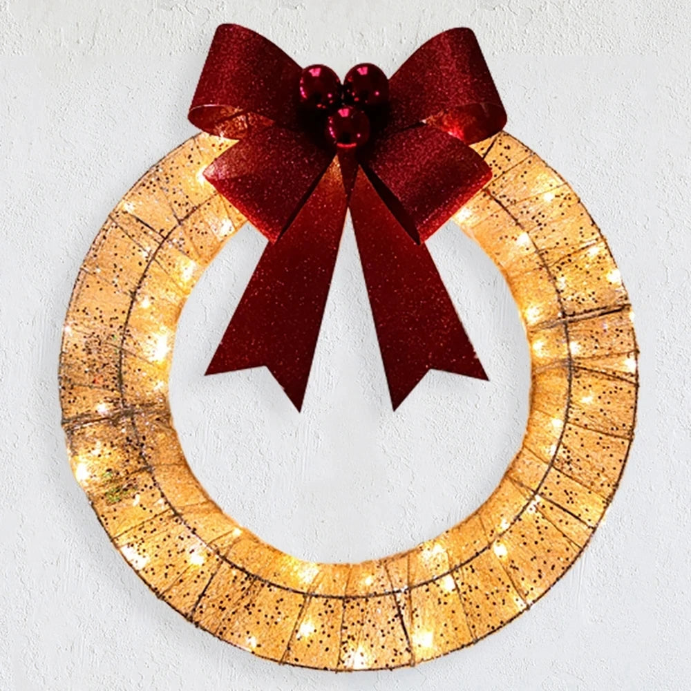 LED Christmas Door Wreath – Light-Up Holiday Garland with Red Bow for Festive Home Décor