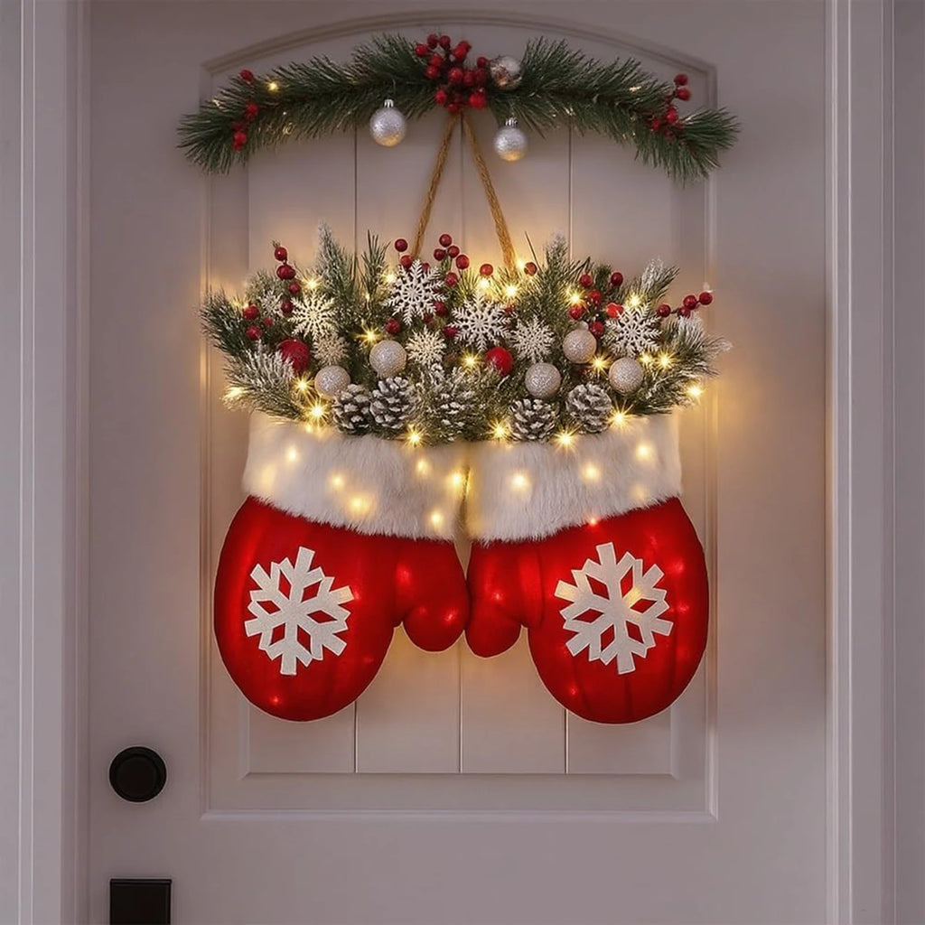 Christmas Mitten Door Wreath – with or without LED Lights