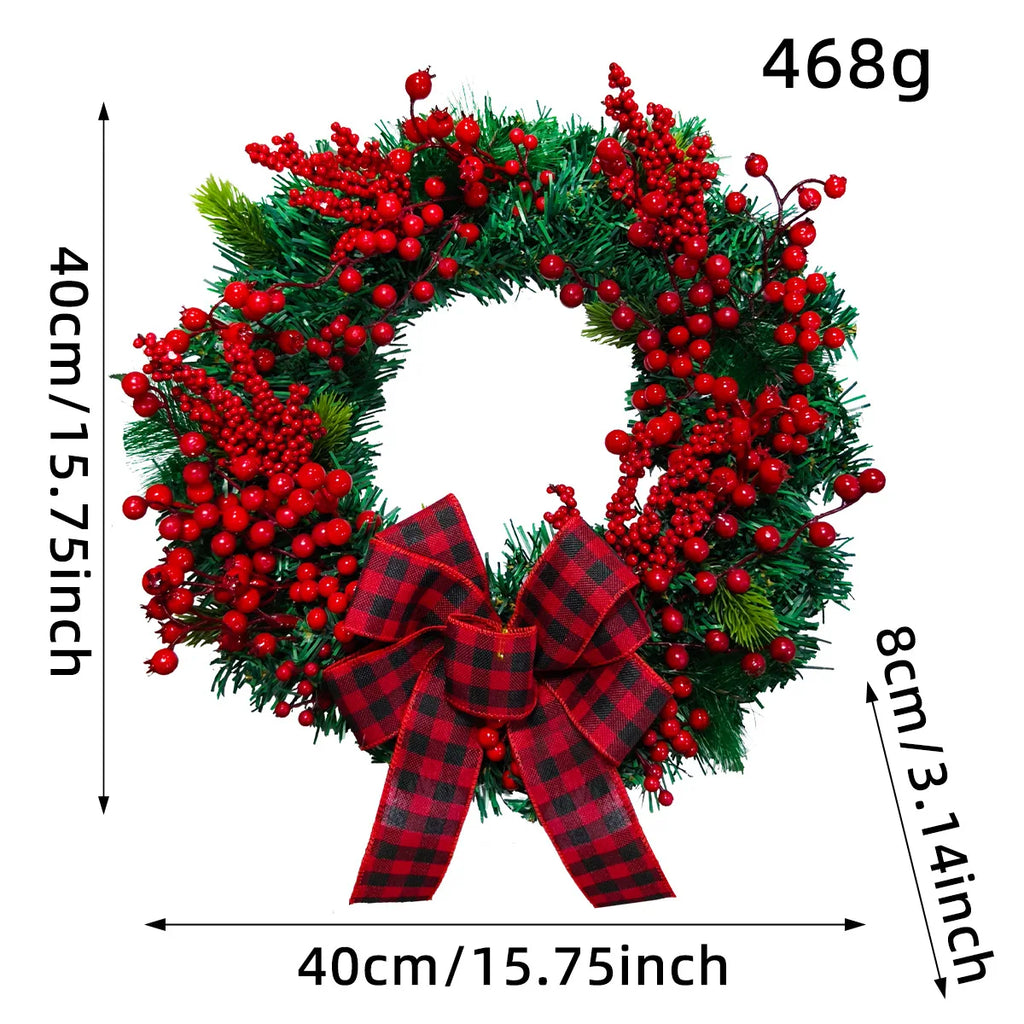 Christmas Door Wreath – Red Berry & Pine Garland with Festive Bow for Holiday Decoration