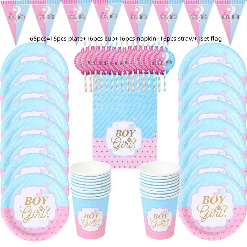 Gender Reveal Party Tableware Set – Boy or Girl Disposable Plates, Napkins & Tablecloths for Baby Shower Decorations