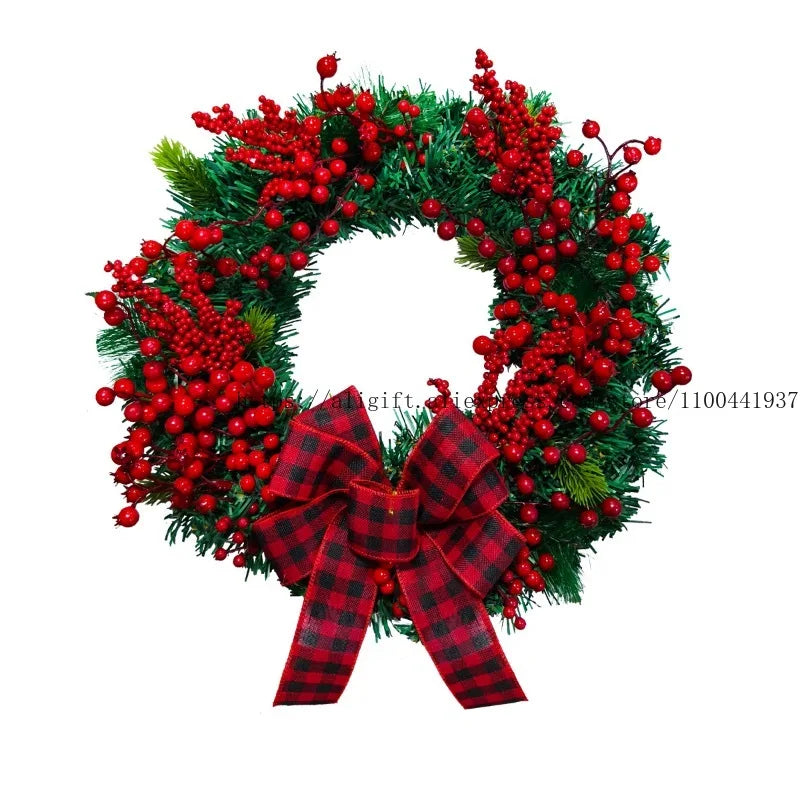Christmas Door Wreath – Red Berry & Pine Garland with Festive Bow for Holiday Decoration