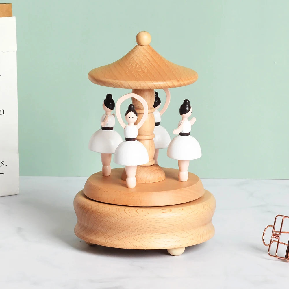 Wooden Rotating Carousel Ballerina Music Box – Mechanical Wind-Up Musical Gift for Christmas, Birthday & Special Occasions