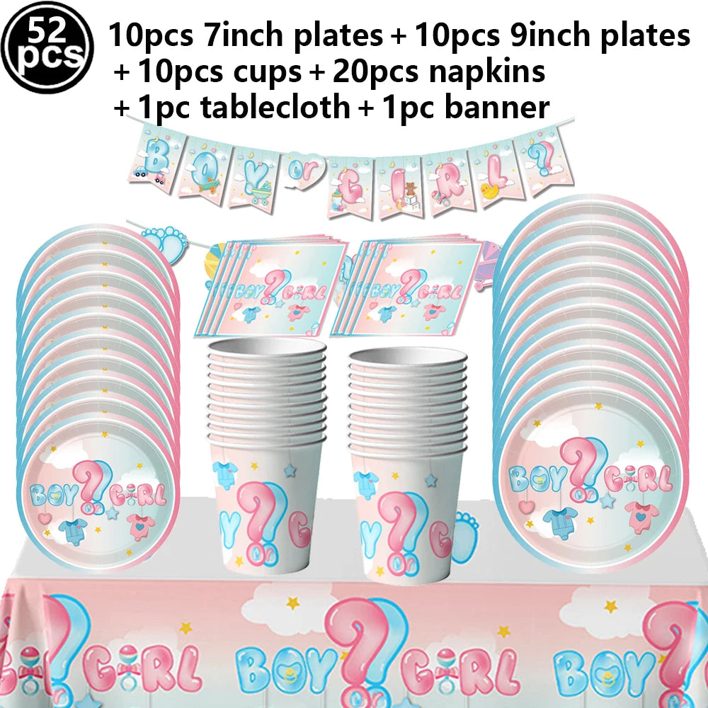 Gender Reveal Party Supplies – Boy or Girl Decorations & Tableware Set | Confetti, Balloons, Tablecloth, Plates, Cups, Napkins & More