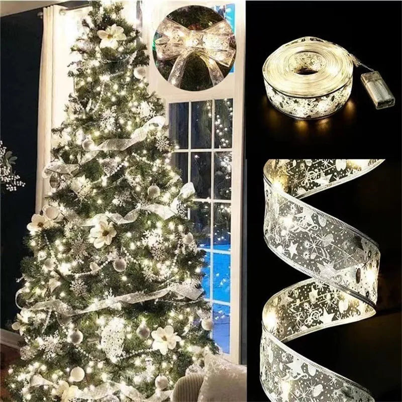 Battery-Operated Christmas Ribbon String Lights – Indoor LED Decoration for Tree