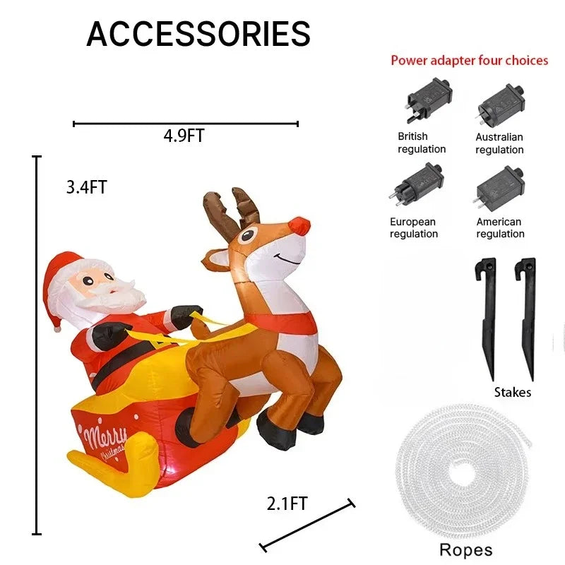 150cm (4.92FT) Inflatable Santa Claus with Reindeer & Sleigh – LED Light-Up Christmas Decoration for Home & Garden