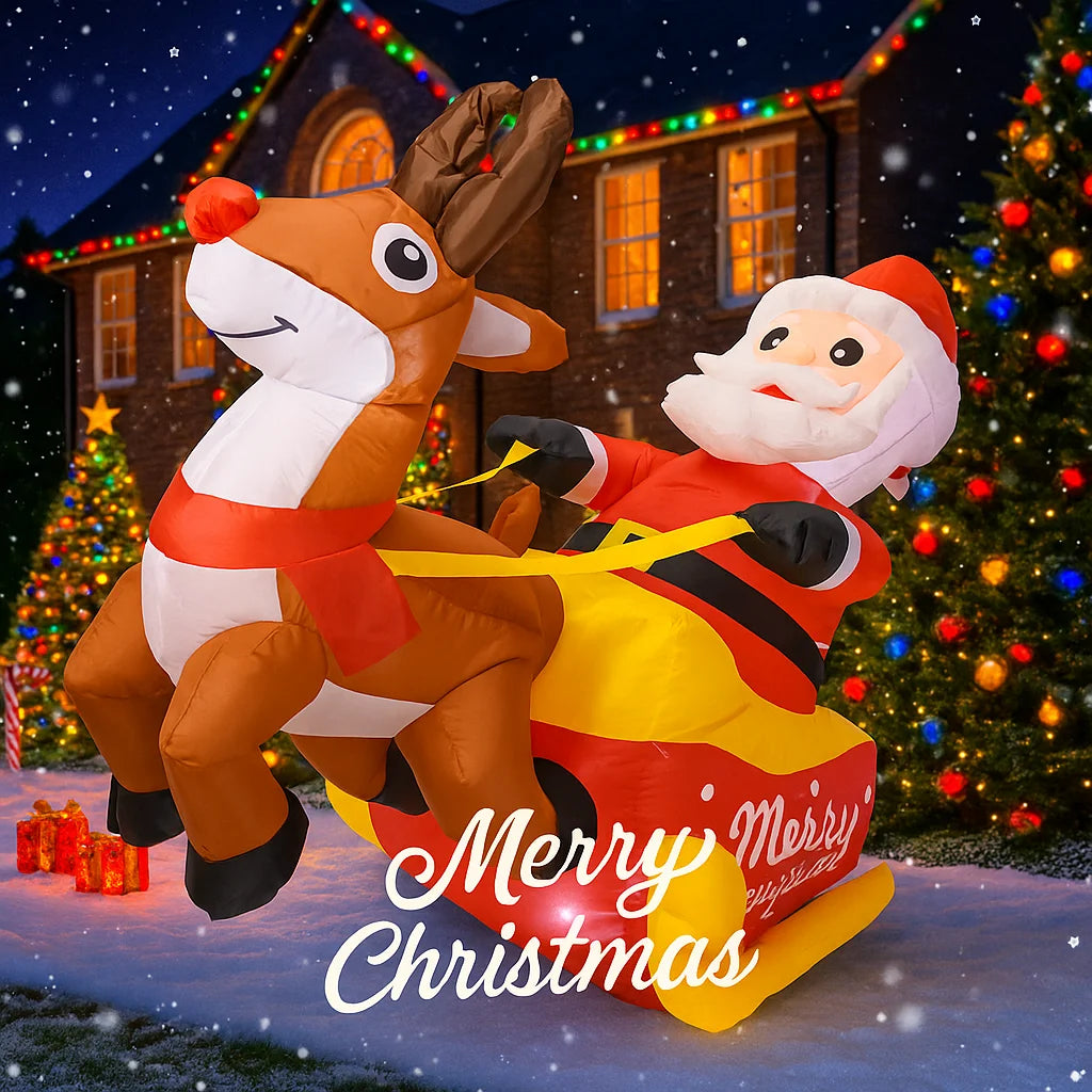 150cm (4.92FT) Inflatable Santa Claus with Reindeer & Sleigh – LED Light-Up Christmas Decoration for Home & Garden