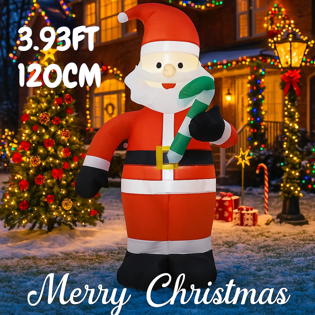 3.93FT Inflatable Santa Claus with Candy Cane & LED Lights – Festive Christmas Yard Decoration
