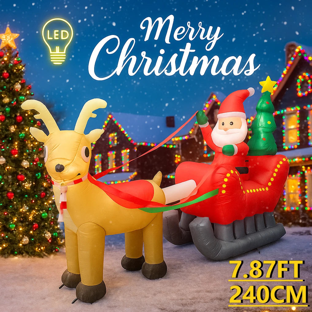 240cm (7.87FT) Giant Inflatable Santa Claus with Sleigh & Reindeer – LED Light-Up Christmas Yard Decoration