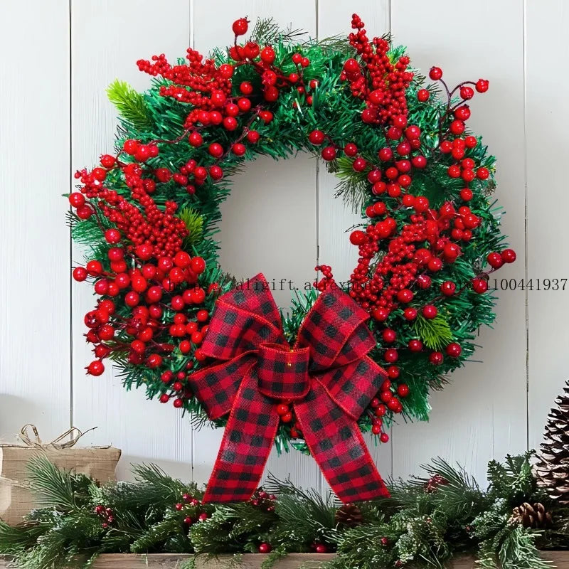 Christmas Door Wreath – Red Berry & Pine Garland with Festive Bow for Holiday Decoration