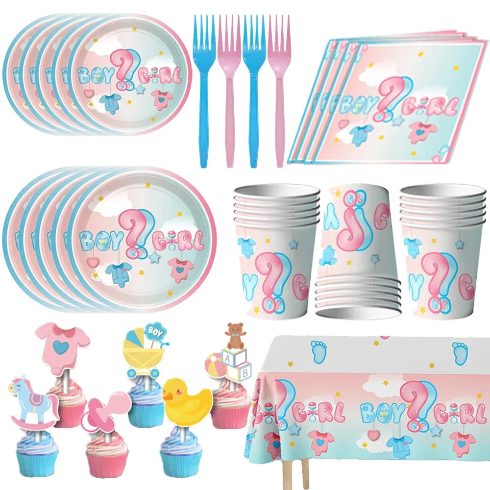 Gender Reveal Party Supplies – Boy or Girl Decorations & Tableware Set | Confetti, Balloons, Tablecloth, Plates, Cups, Napkins & More