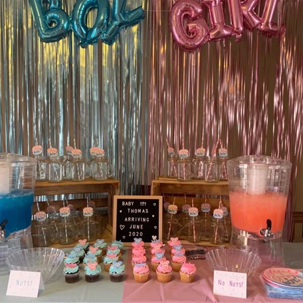 4PCS Gender Reveal DecorationBlue & Pink Fringe Curtains with Boy or Girl Foil Balloons for Baby Shower