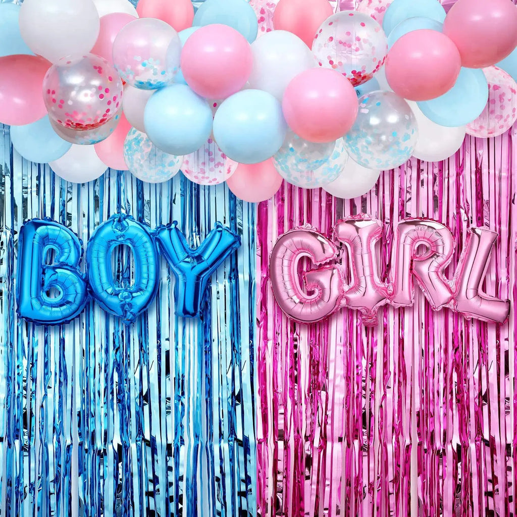 4PCS Gender Reveal DecorationBlue & Pink Fringe Curtains with Boy or Girl Foil Balloons for Baby Shower