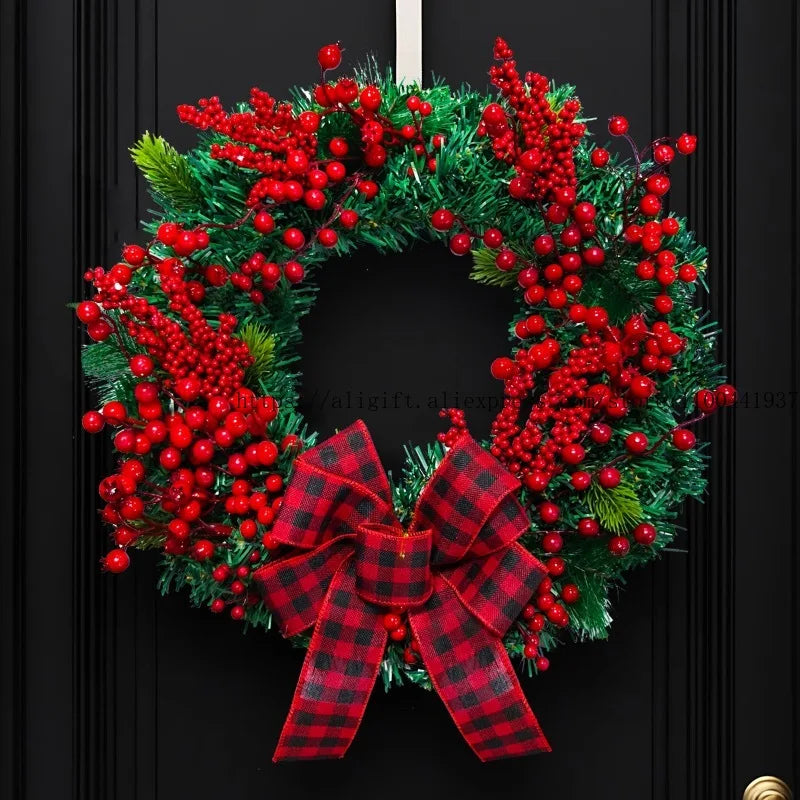 Christmas Door Wreath – Red Berry & Pine Garland with Festive Bow for Holiday Decoration