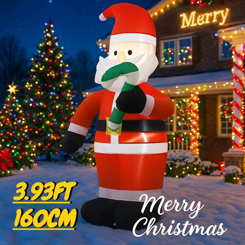 3.93FT Inflatable Santa Claus with Candy Cane & LED Lights – Festive Christmas Yard Decoration