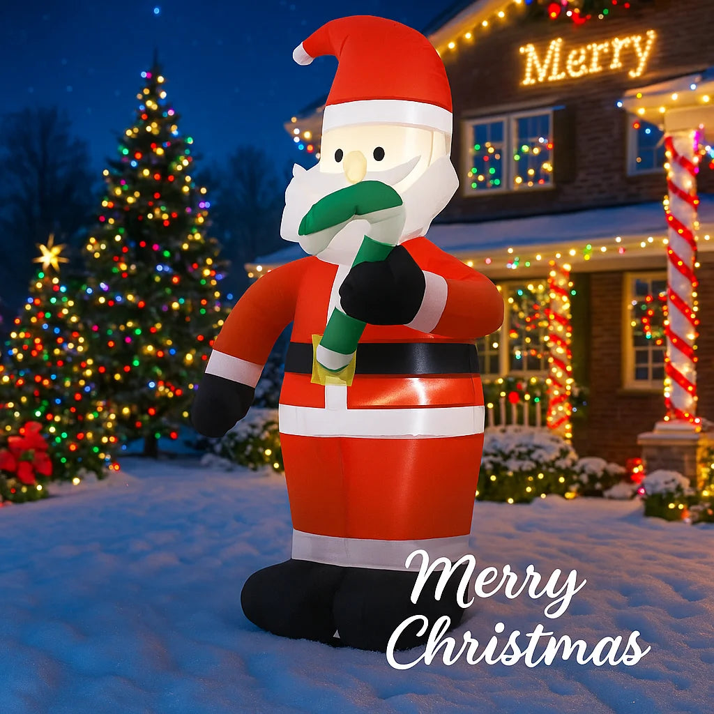 3.93FT Inflatable Santa Claus with Candy Cane & LED Lights – Festive Christmas Yard Decoration