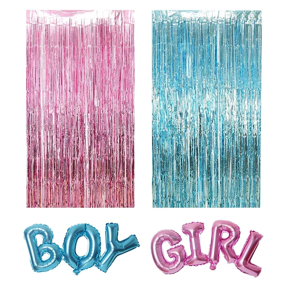 4PCS Gender Reveal DecorationBlue & Pink Fringe Curtains with Boy or Girl Foil Balloons for Baby Shower