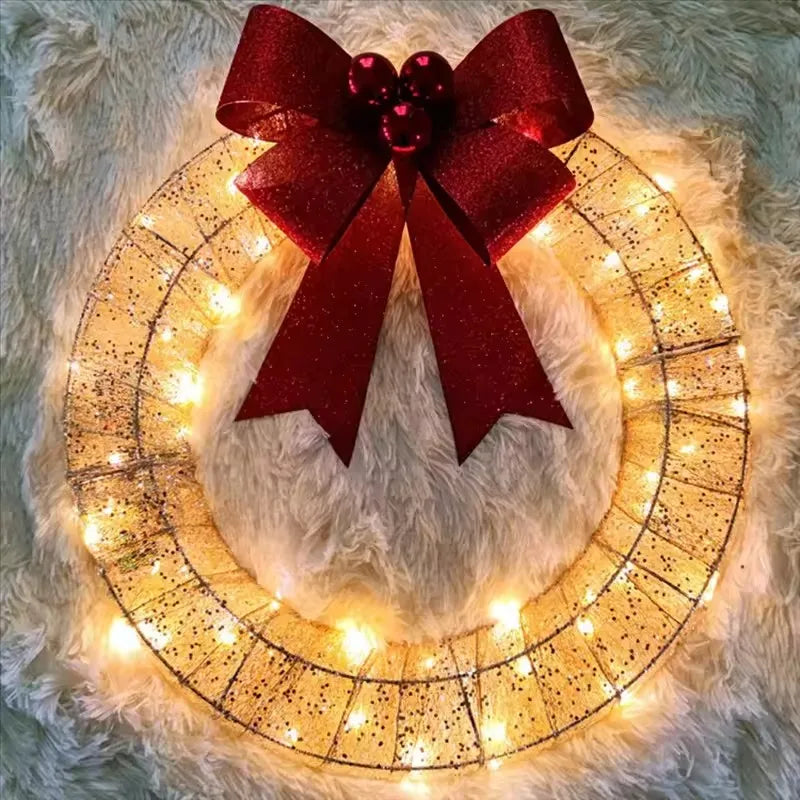 LED Christmas Door Wreath – Light-Up Holiday Garland with Red Bow for Festive Home Décor