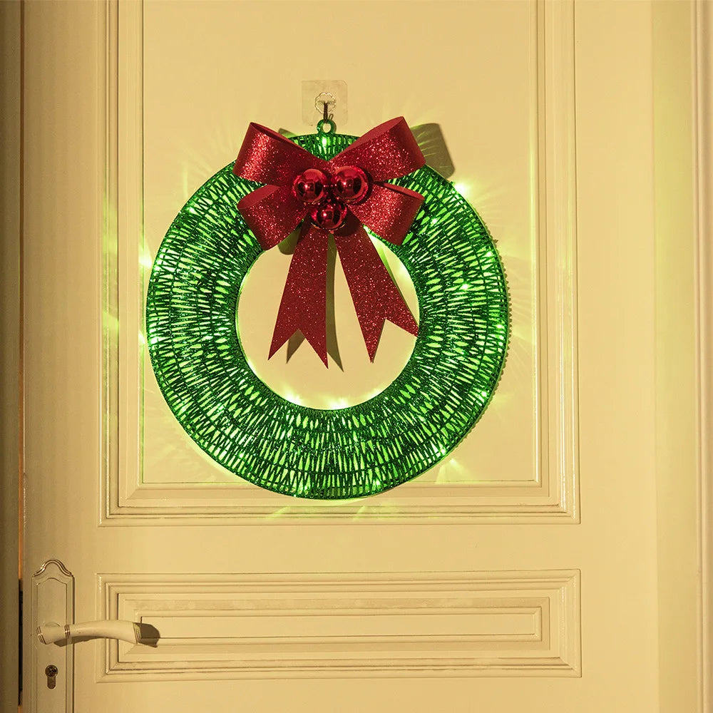 LED Christmas Door Wreath – Light-Up Holiday Garland with Red Bow for Festive Home Décor