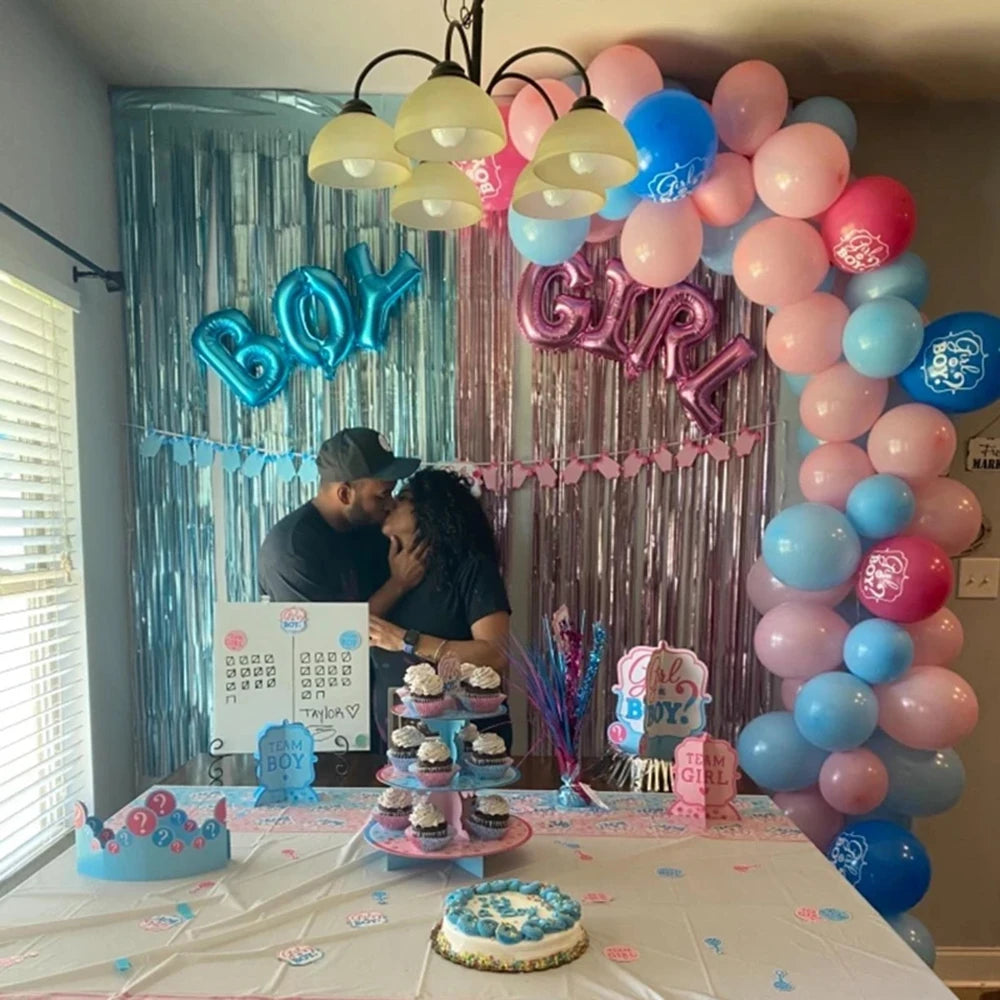 4PCS Gender Reveal DecorationBlue & Pink Fringe Curtains with Boy or Girl Foil Balloons for Baby Shower