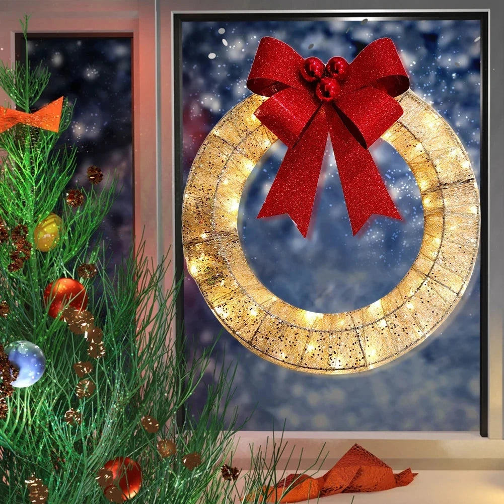 LED Christmas Door Wreath – Light-Up Holiday Garland with Red Bow for Festive Home Décor