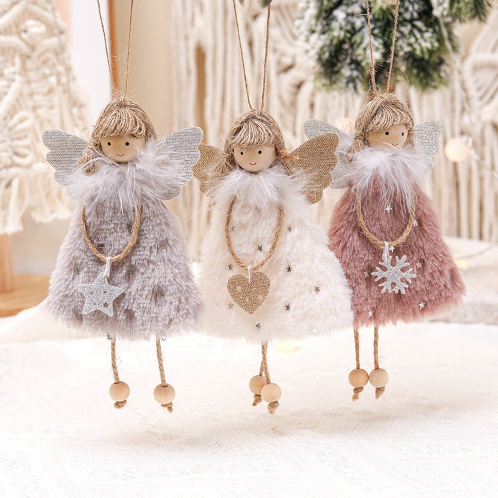 Set of 3 Furry Christmas Angel Ornaments