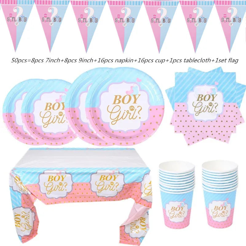Gender Reveal Party Tableware Set – Boy or Girl Disposable Plates, Napkins & Tablecloths for Baby Shower Decorations