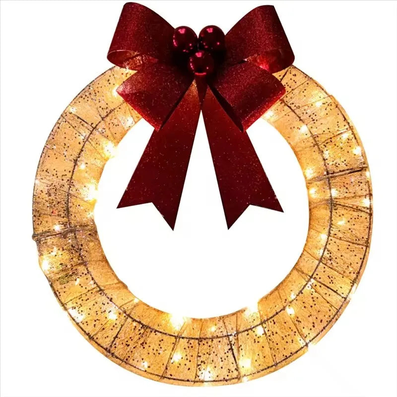 LED Christmas Door Wreath – Light-Up Holiday Garland with Red Bow for Festive Home Décor