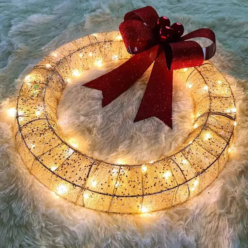 LED Christmas Door Wreath – Light-Up Holiday Garland with Red Bow for Festive Home Décor
