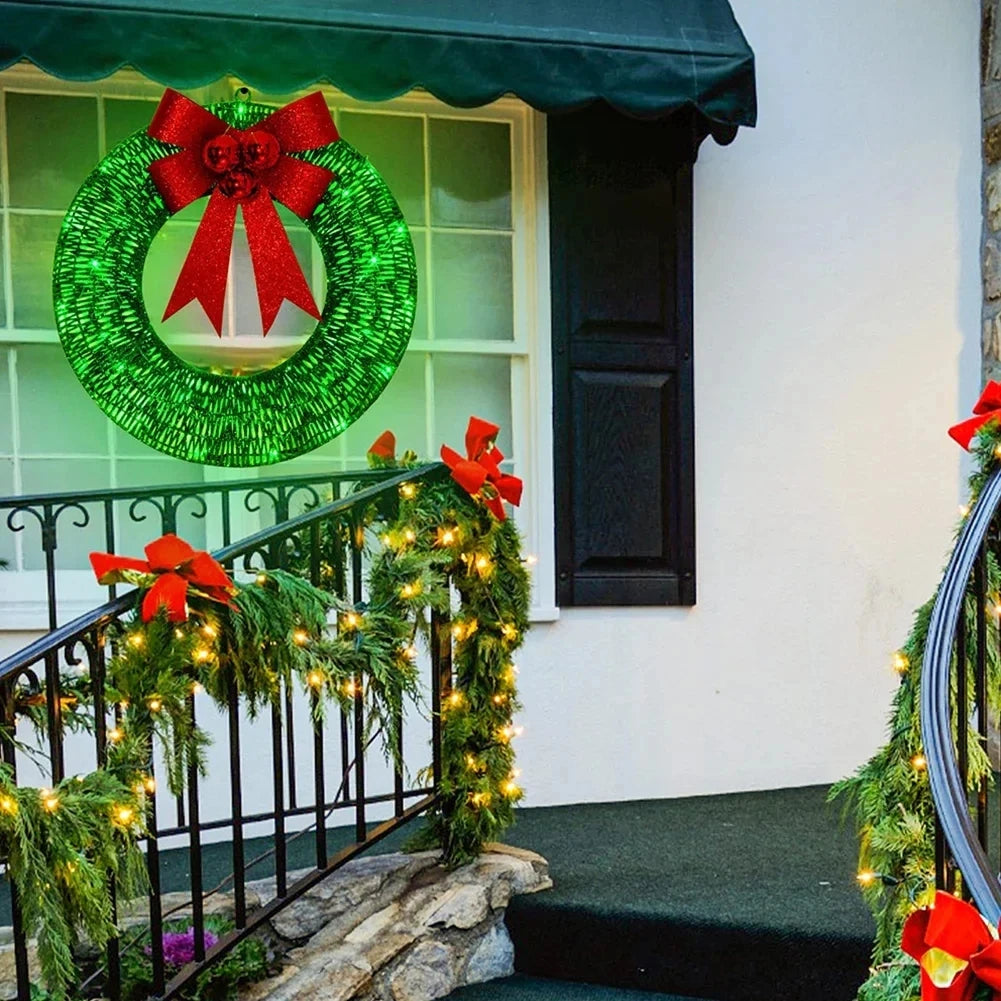 LED Christmas Door Wreath – Light-Up Holiday Garland with Red Bow for Festive Home Décor