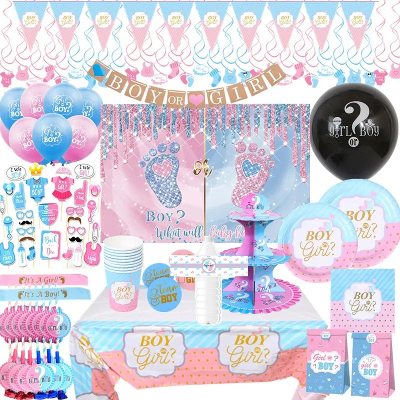 Gender Reveal Party Tableware Set – Boy or Girl Disposable Plates, Napkins & Tablecloths for Baby Shower Decorations