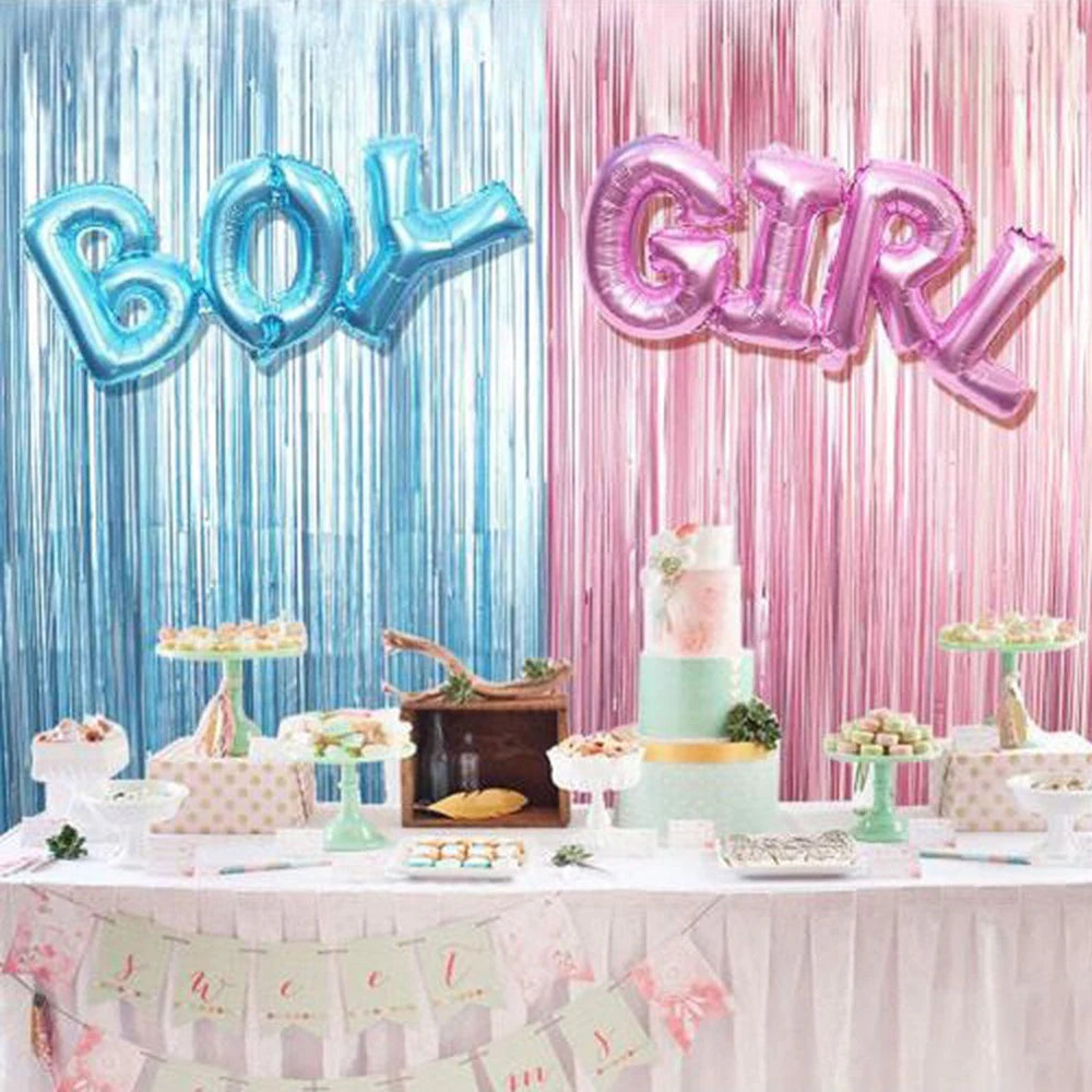 4PCS Gender Reveal DecorationBlue & Pink Fringe Curtains with Boy or Girl Foil Balloons for Baby Shower