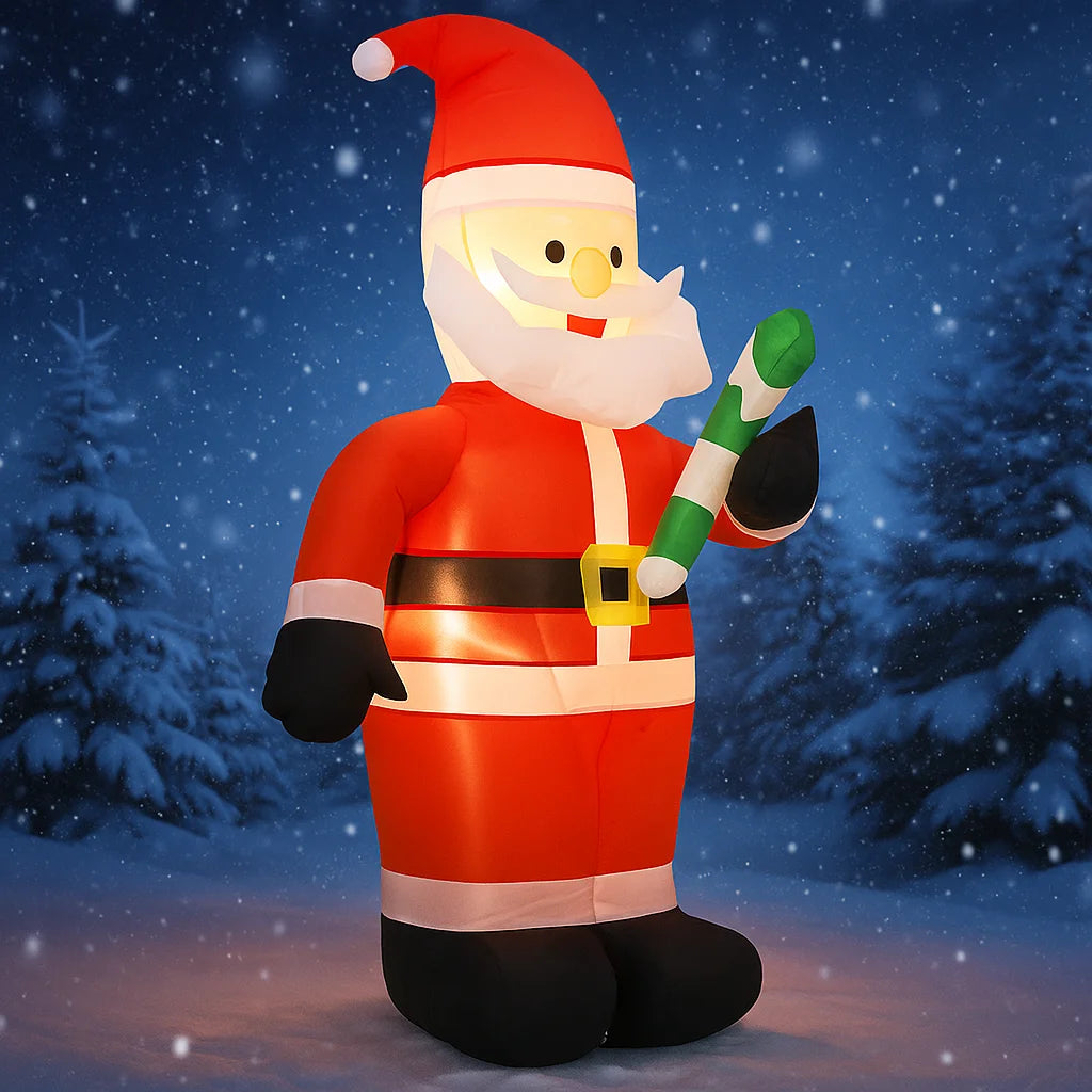 3.93FT Inflatable Santa Claus with Candy Cane & LED Lights – Festive Christmas Yard Decoration
