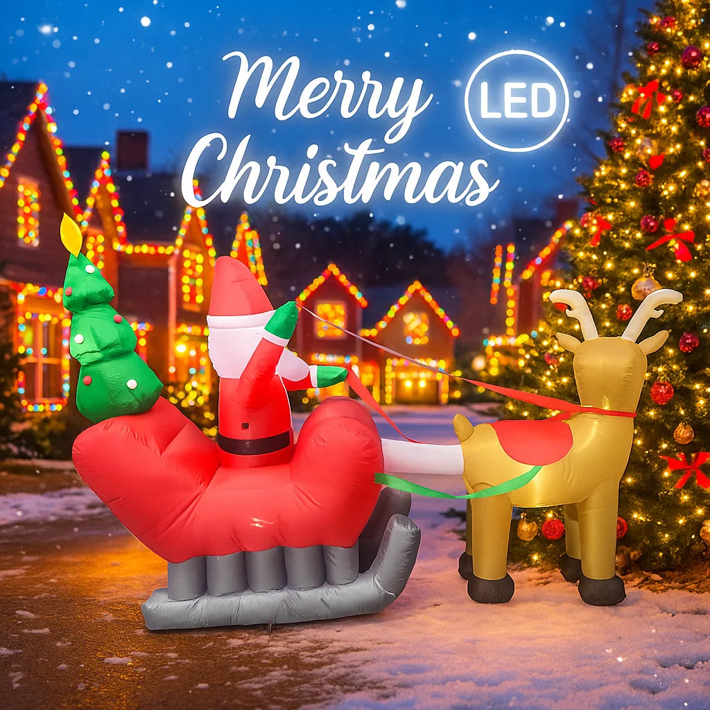 240cm (7.87FT) Giant Inflatable Santa Claus with Sleigh & Reindeer – LED Light-Up Christmas Yard Decoration